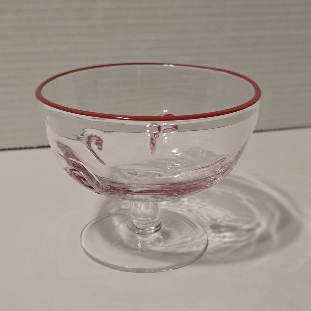 Holiday Candy Cane Glass Dessert Bowl Red Rim Footed Christmas Ice Cream Cup‎